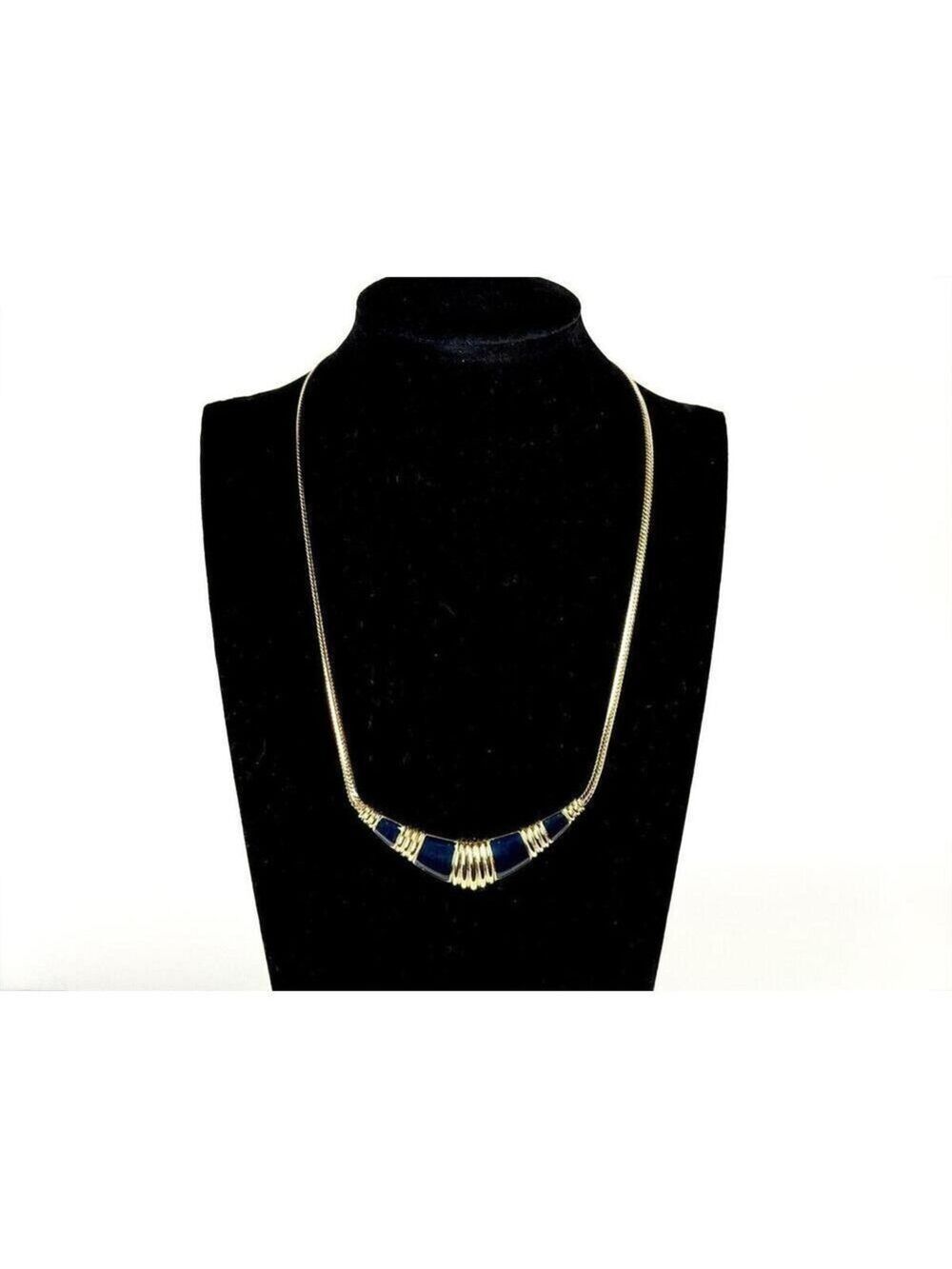 Avon Vintage Gold Herringbone Navy Blue Enamel Cleopatra Bib Necklace 1970s
